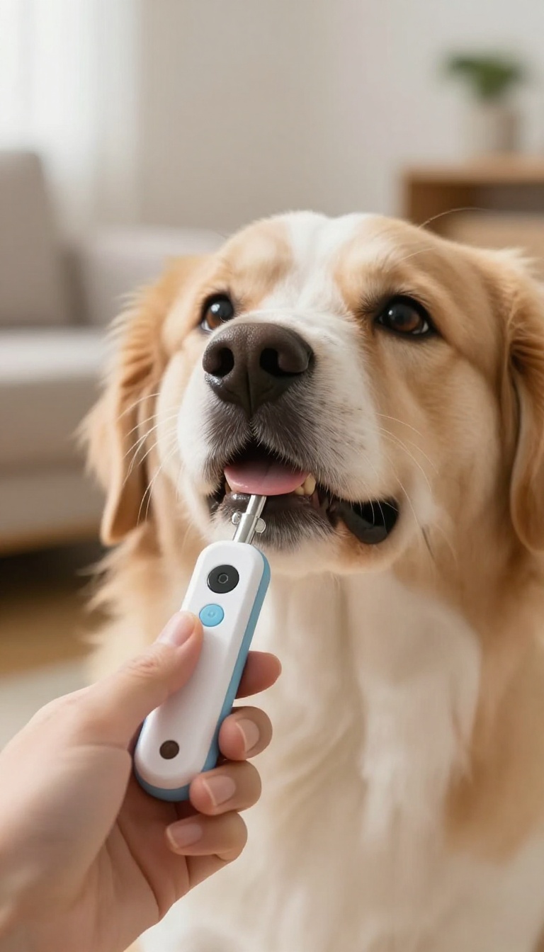 Hand holding a clicker near a dog's face in bright natural light