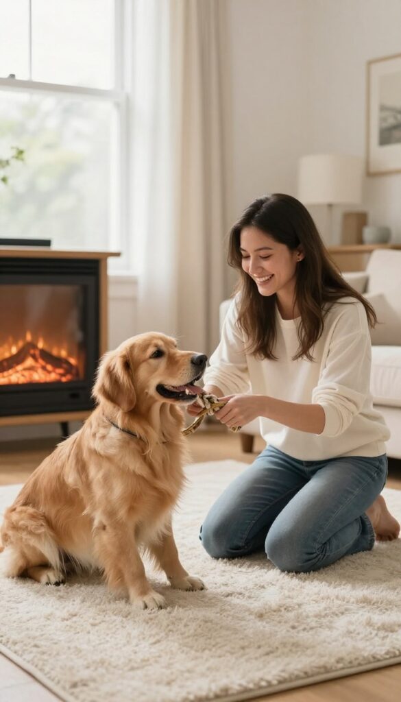 Dog owner playing indoor tug-of-war with a golden retriever in a cozy living room, preparing for a fall walk.
