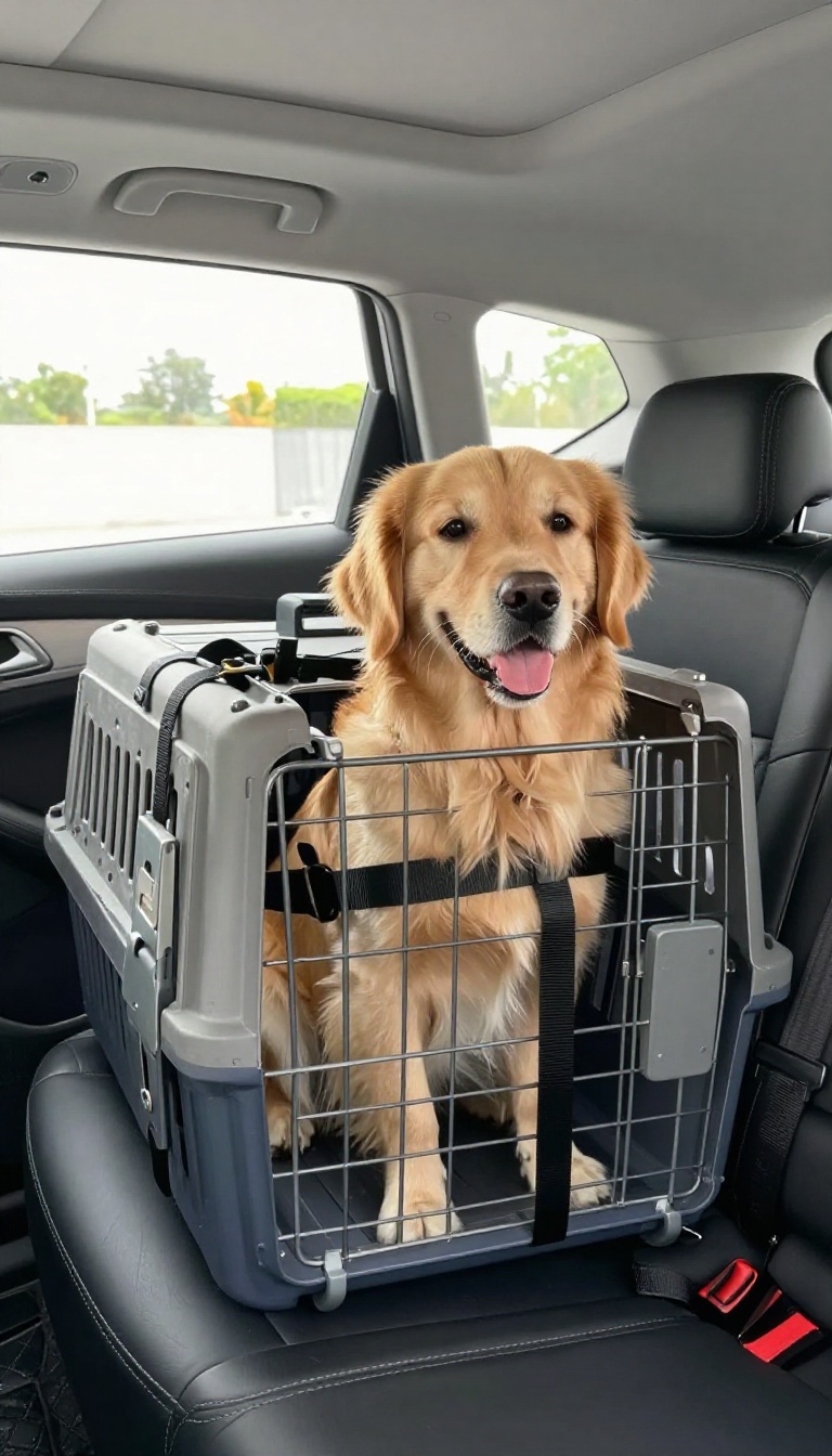 A calm dog sitting in a secure travel crate inside a car, representing safe and relaxed car travel for dogs.