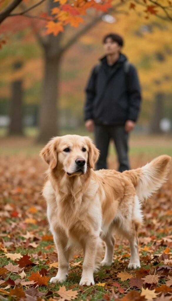 Golden retriever in autumn park looking back at owner from a distance, ready for recall training