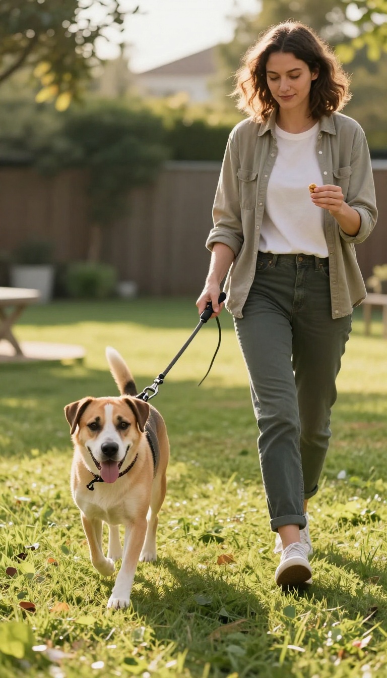 Person walking a dog with a slack leash in a sunny backyard, holding a clicker and treat, demonstrating loose-leash walking training.