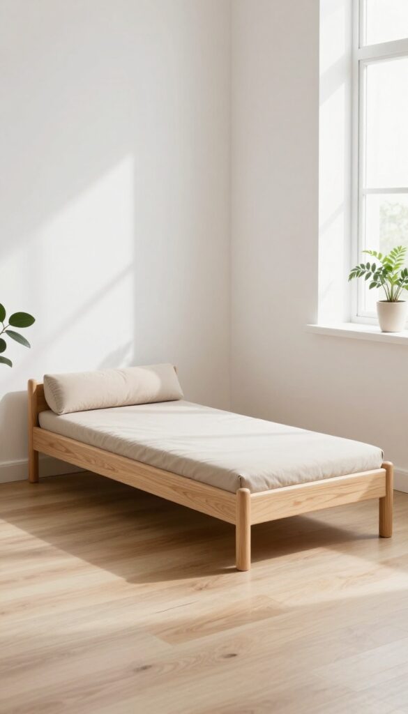 Minimalist solid wood dog bed with a beige cushion in a bright Scandinavian living room