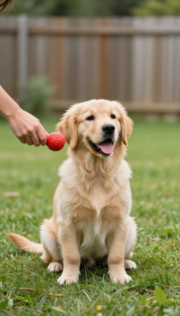Golden retriever puppy in a stay position, excitedly looking at a toy for a release game