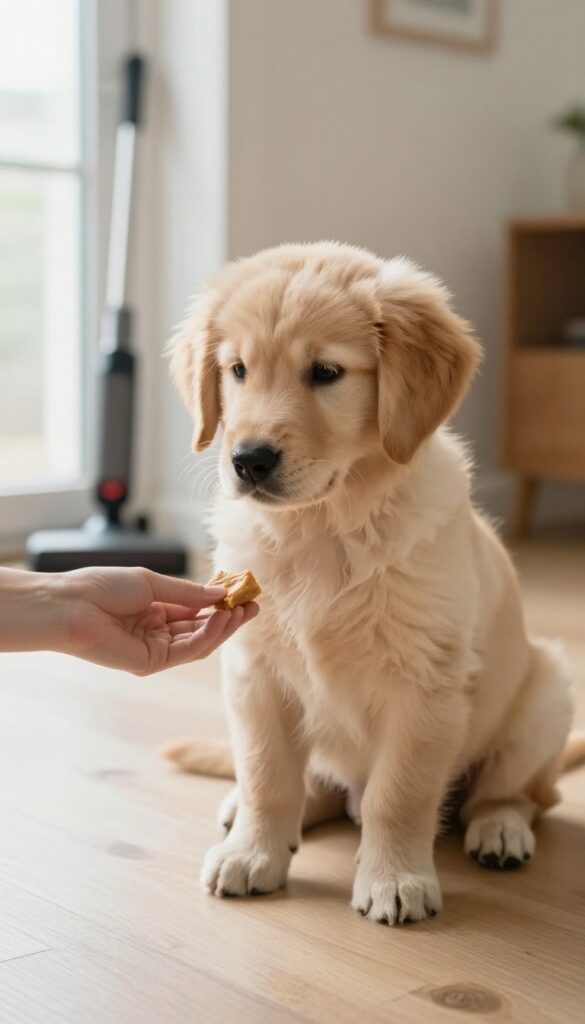 A calm puppy being desensitized to triggers with a treat in a bright living room.