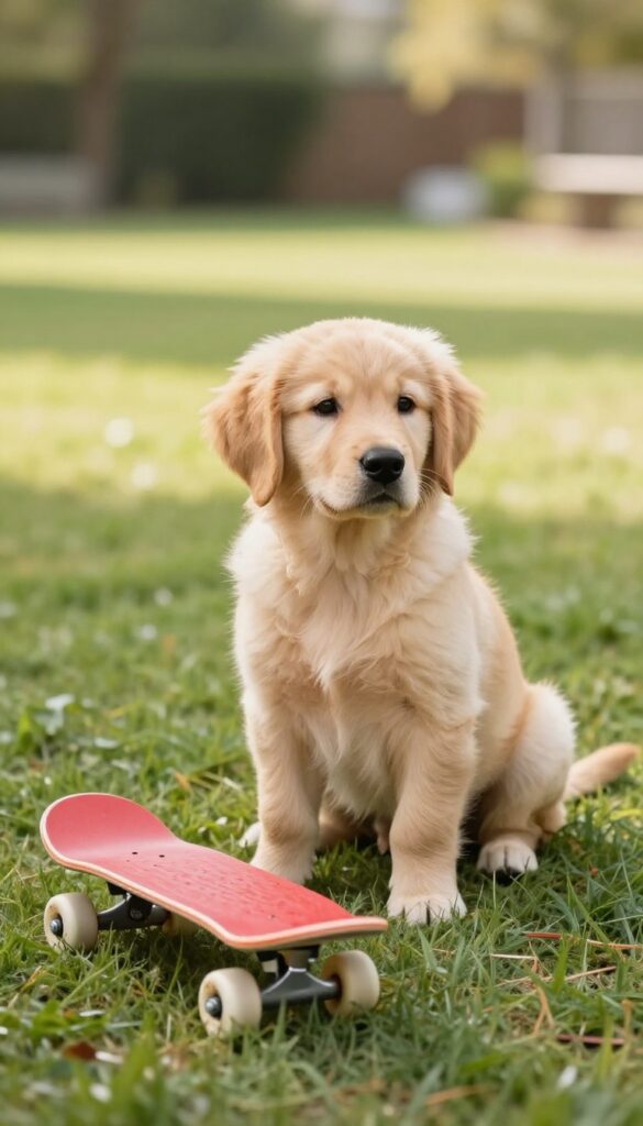 Puppy curiously investigating a skateboard on a sunny lawn, representing the One New Thing challenge