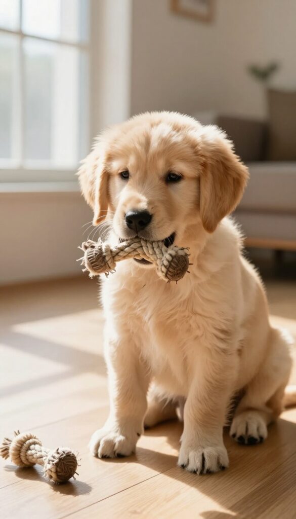 Golden retriever puppy gently holding a rope toy in a sunlit room