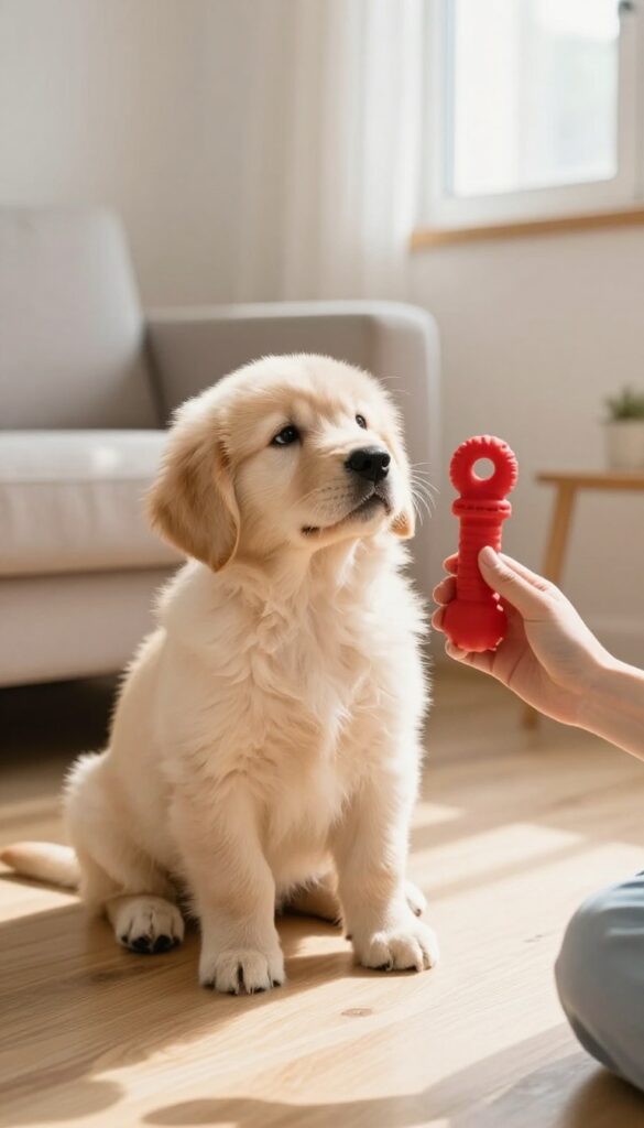 A person calmly saying no to a puppy while offering a chew toy as a positive alternative, in a bright living room.