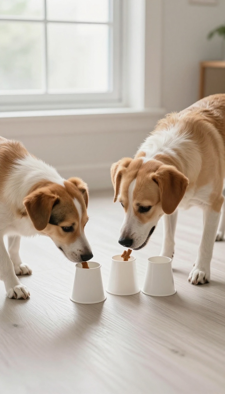 Dog playing the shell game with three cups on a living room floor, sniffing to find the treat