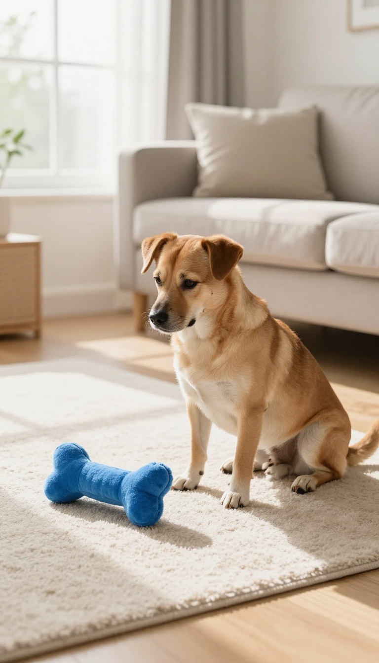 A dog sitting on a rug in a bright living room, looking at a blue bone-shaped toy on the floor, representing a scent training game.