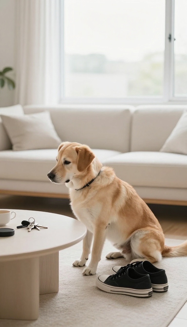 A calm dog sitting near shoes and keys on a coffee table, illustrating desensitization to departure cues.