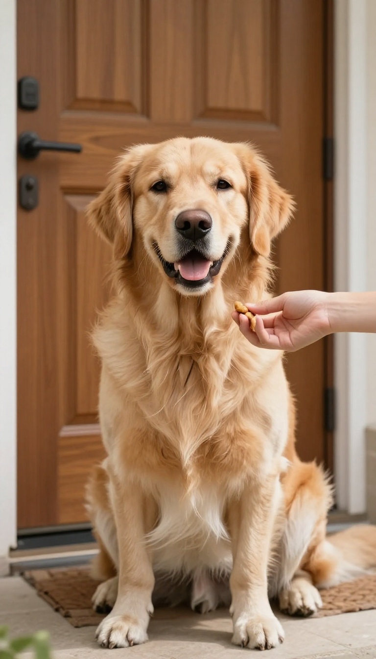 Calm dog sitting by front door during quiet command training