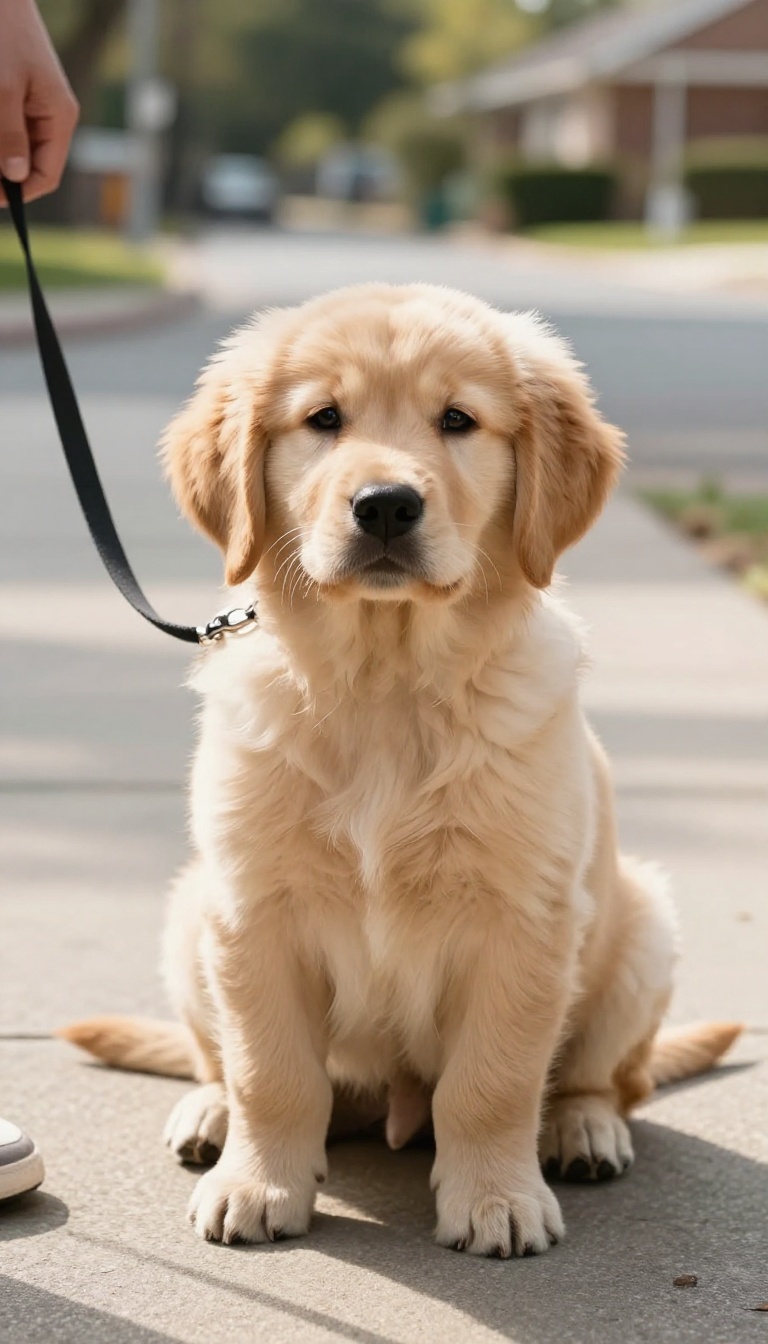 A puppy making eye contact with its owner during a calm outdoor training session.