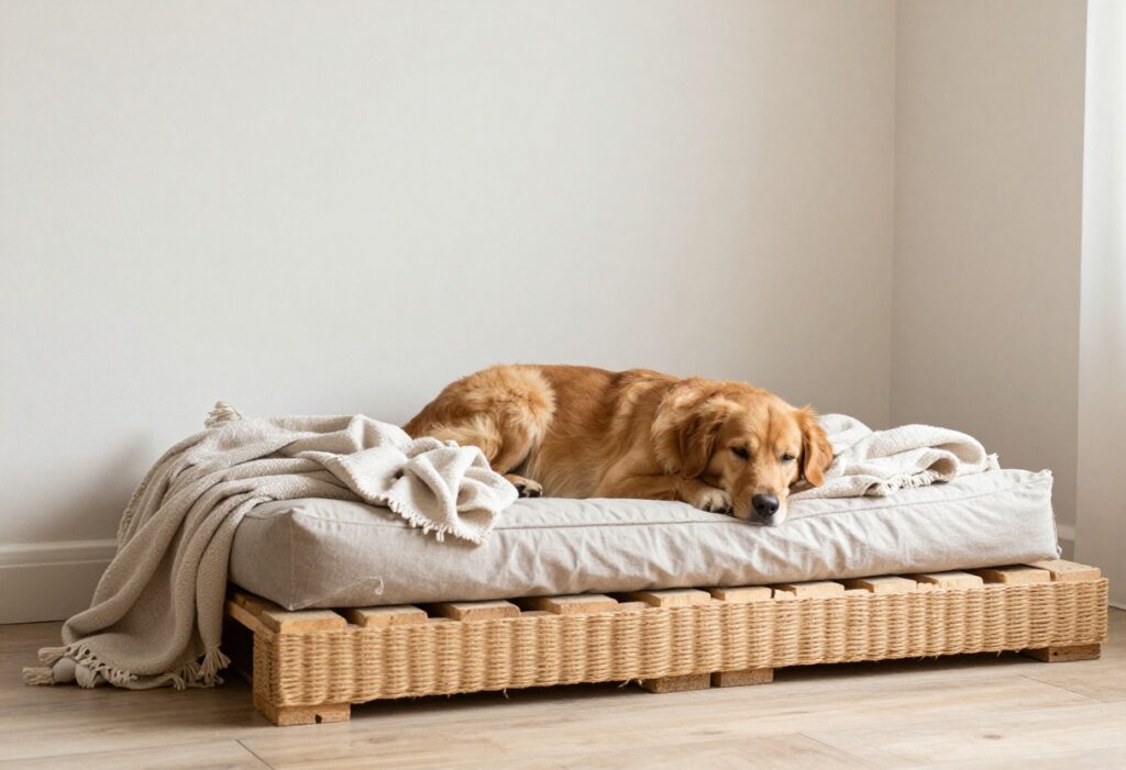 Homemade dog bed made from repurposed materials in a cozy living room
