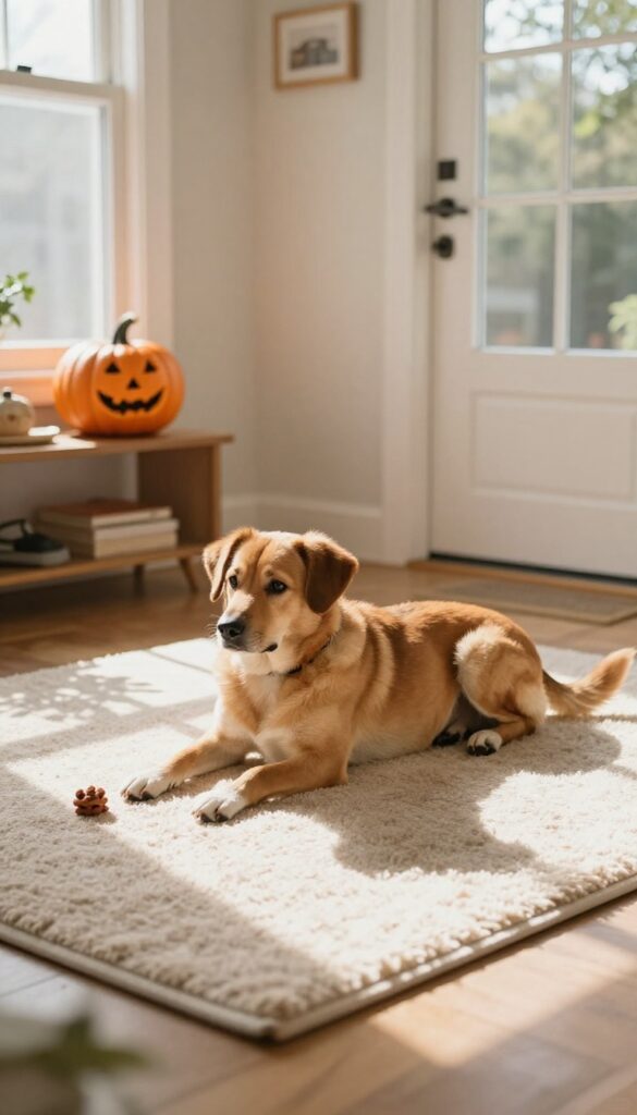 Dog calmly resting on a mat near the front door with a pumpkin nearby, illustrating the 'place' command training.