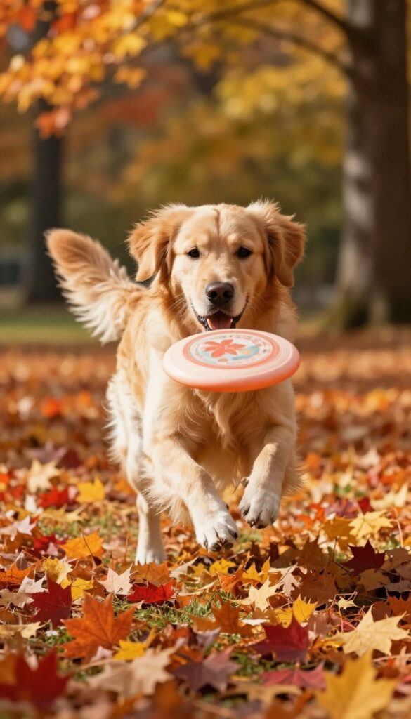 Golden retriever catching a frisbee in a park with autumn leaves