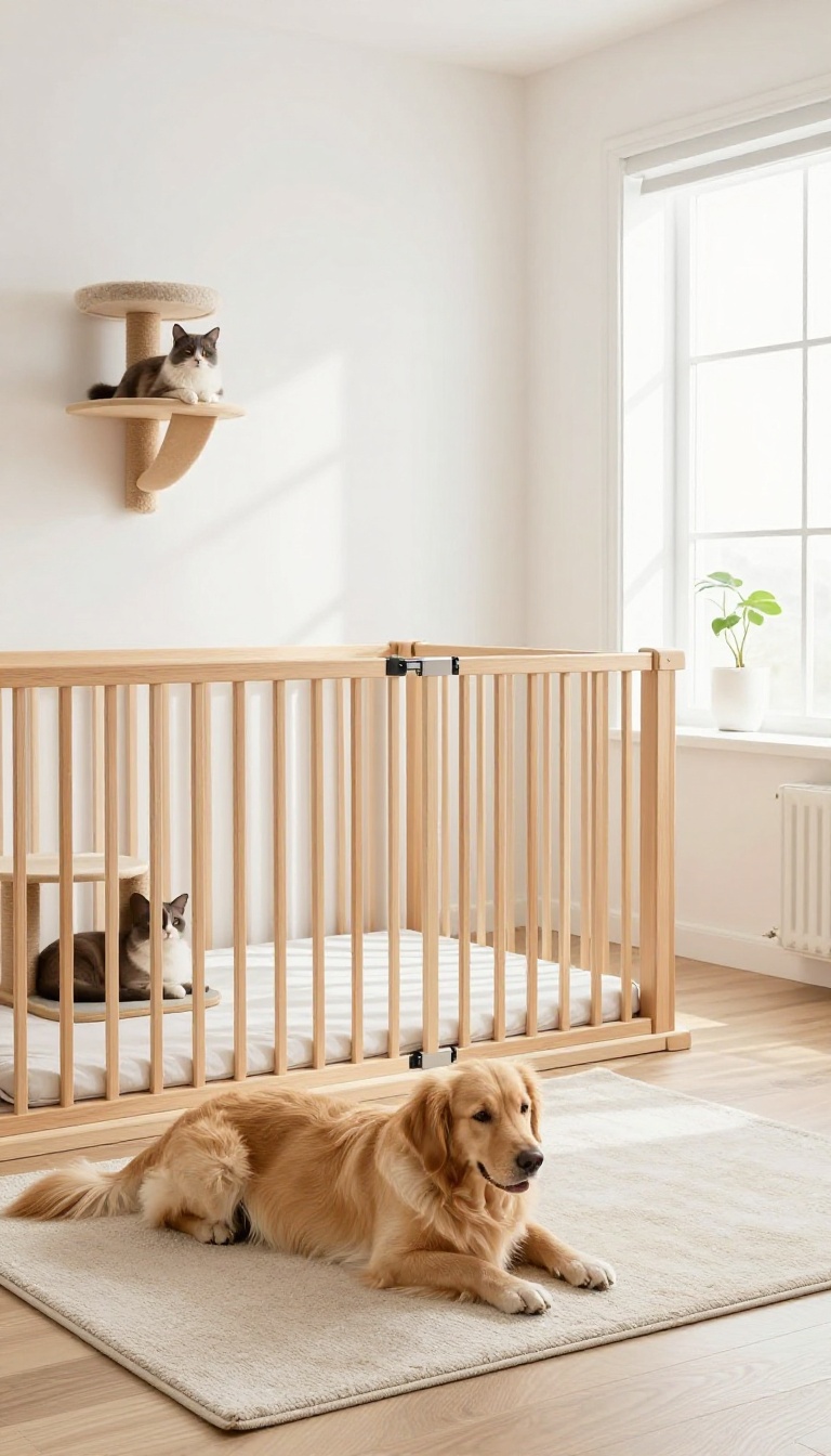 A dog resting calmly on one side of a baby gate while a cat sits on a cat tree on the other side, in a sunlit room.