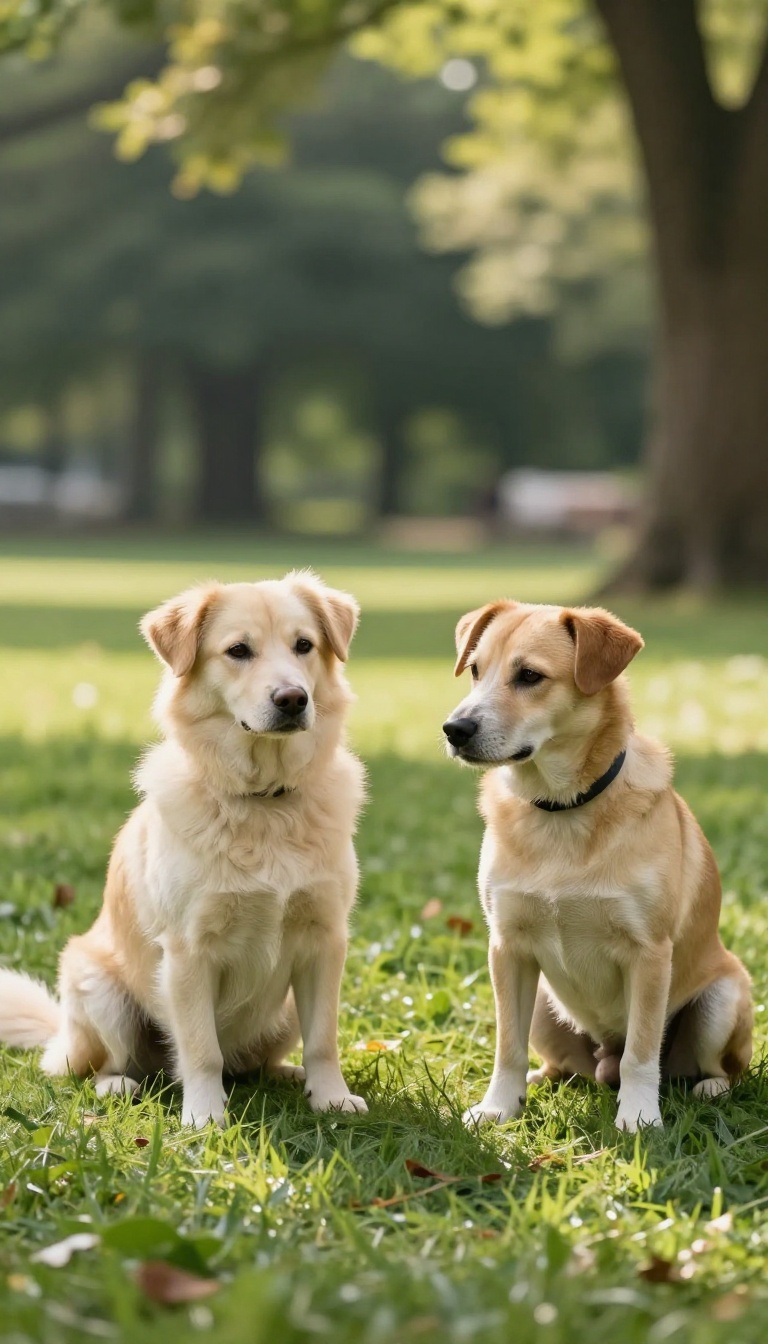 A shy dog meeting a calm, confident dog in a peaceful park during a playdate.