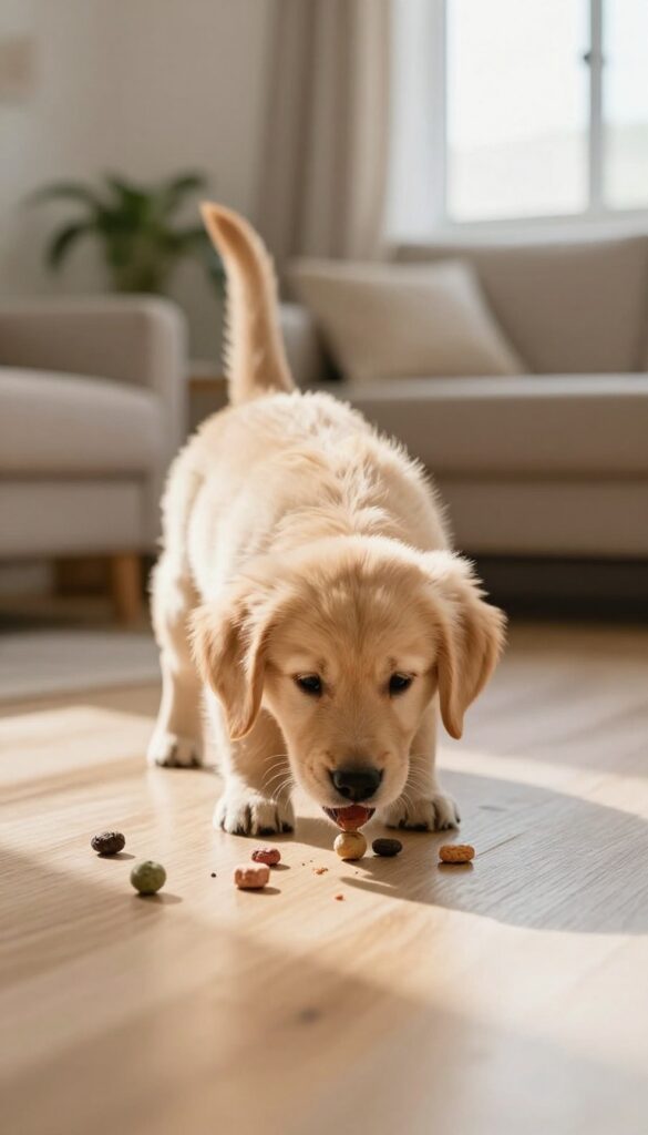 Golden retriever puppy sniffing treats scattered on a wooden floor in a bright living room