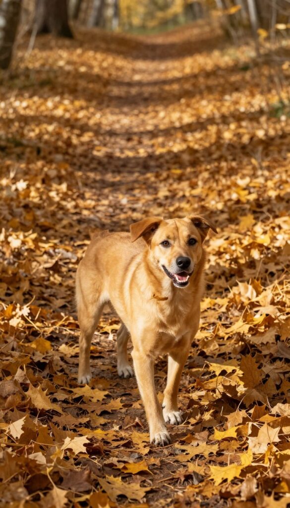 Dog on a crunchy leaf trail in autumn, looking back during a recall game.