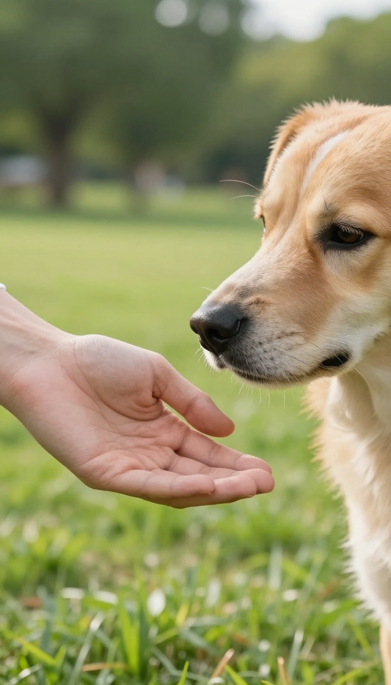 Dog touching a person's hand with its nose in a sunny park, illustrating the touch cue for redirecting attention.