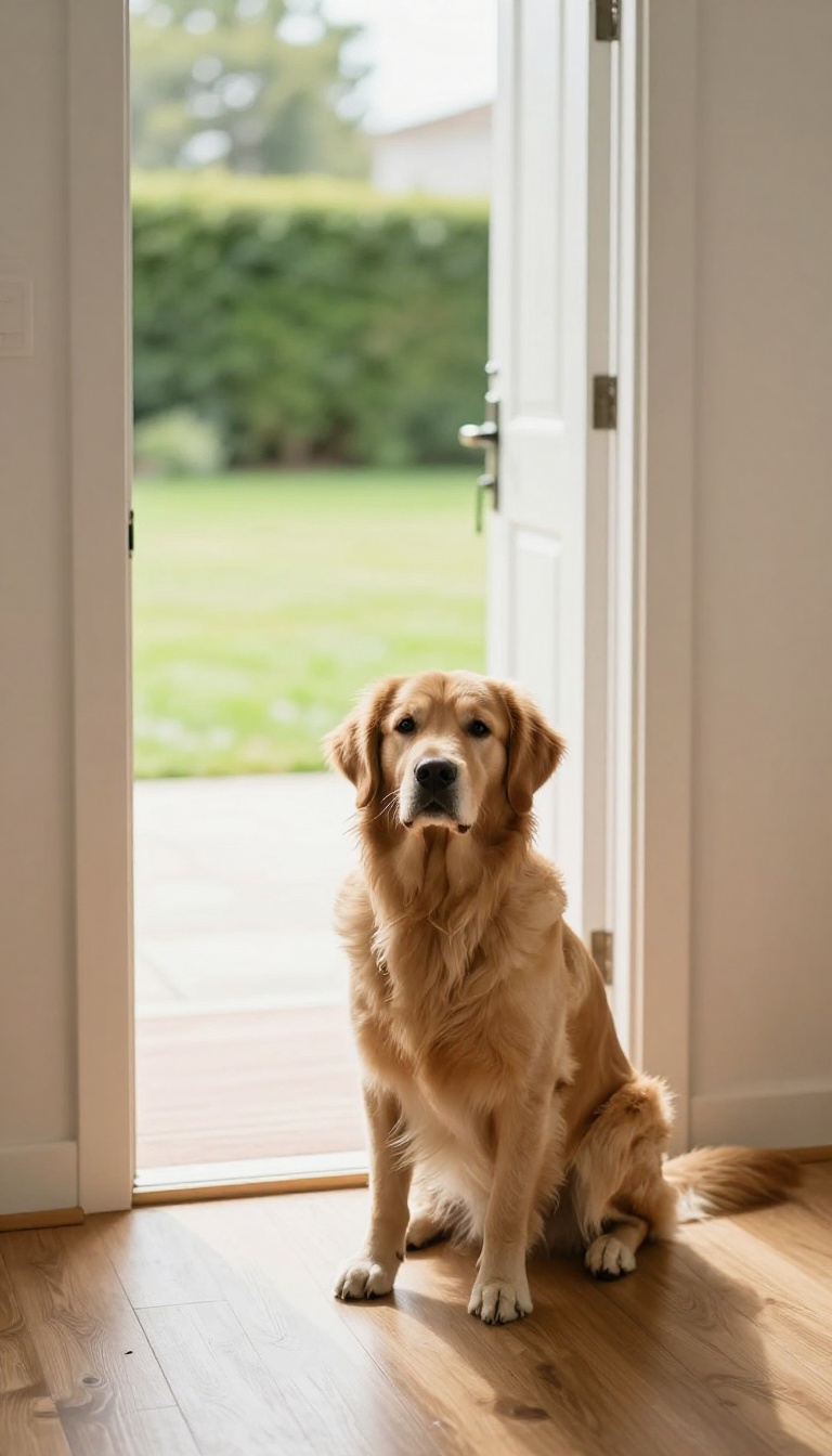 A calm dog sitting patiently at an open front door, waiting for a cue.