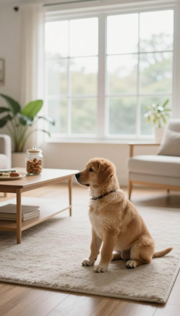 A calm puppy sitting quietly on a rug in a bright living room, representing the concept of rewarding silence to reduce attention-seeking barking.