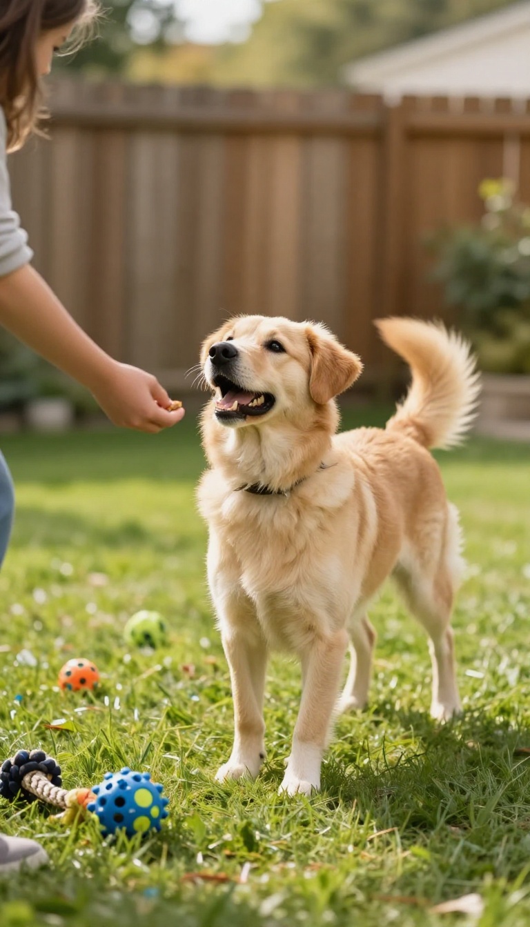 Dog running back to its owner during a recall training game in a sunny backyard, with a treat offered as a reward.