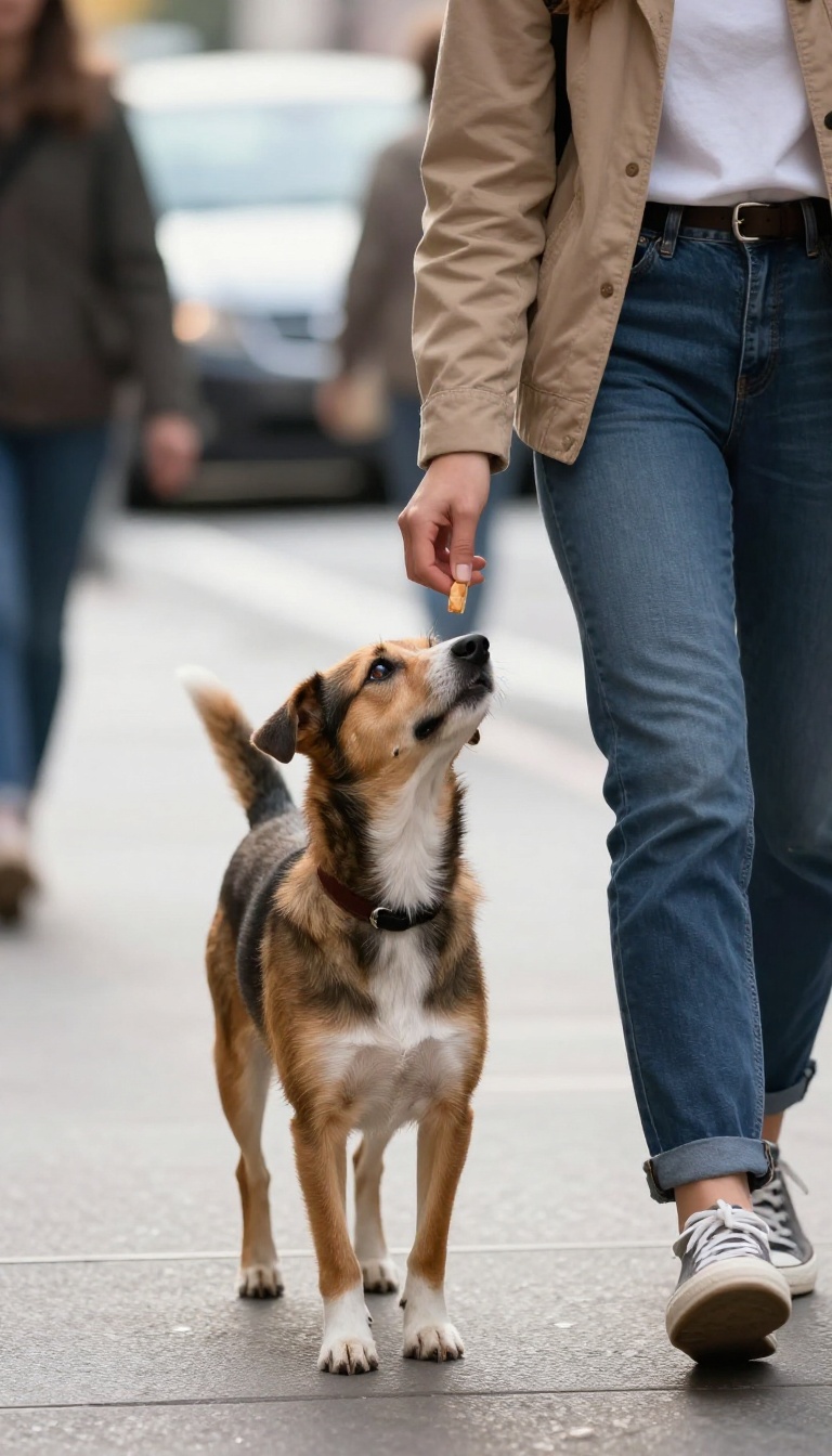Person training dog to focus during a commute, with the dog making eye contact for a treat.
