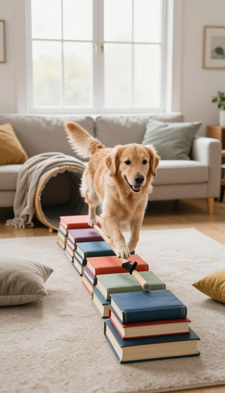 Dog jumping over a homemade obstacle course in a bright living room