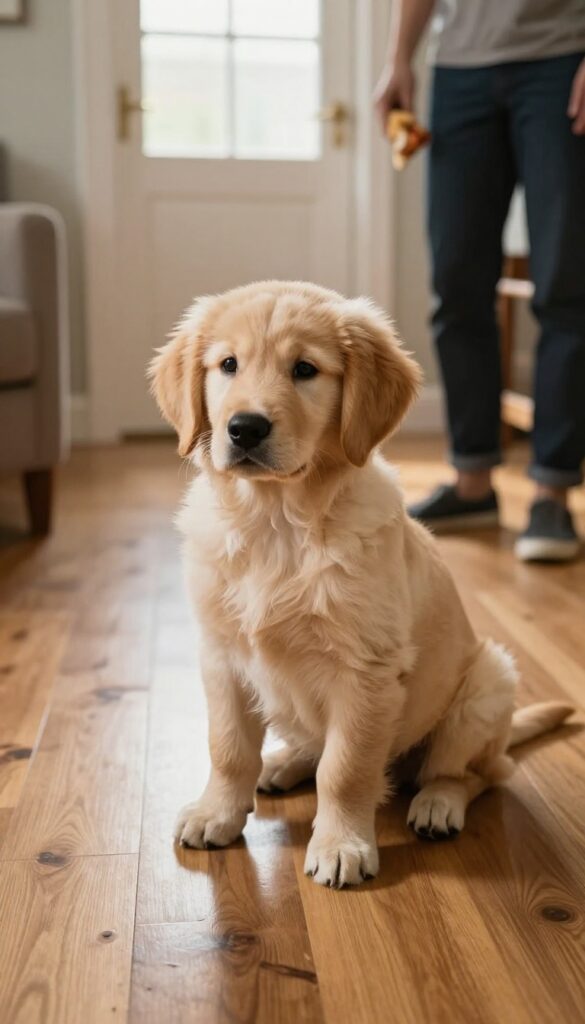 A puppy practicing a stay command while a helper stands in the background with a distraction.