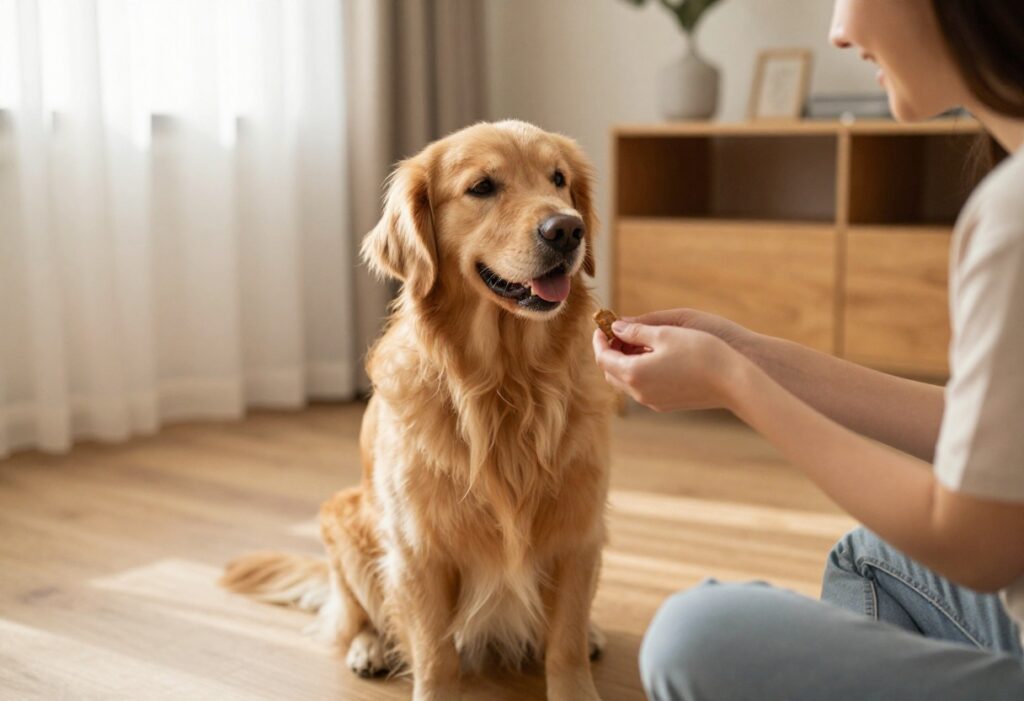Happy dog sitting calmly while owner offers a treat