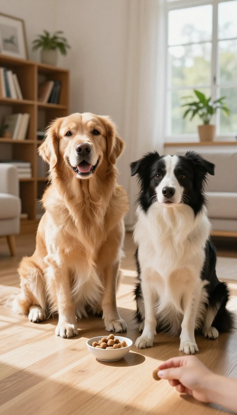 Two dogs sitting calmly together on a wooden floor in a sunlit living room, with a bowl of treats nearby, representing positive reinforcement for good interactions.
