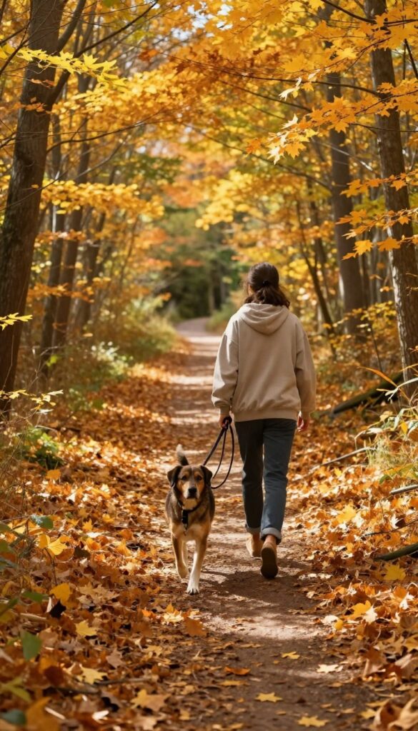 Person and dog hiking on a fall trail with golden leaves, dog walking calmly beside person