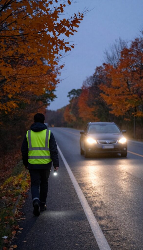 Person walking against traffic on a road at dusk, facing an approaching car with headlights on, wearing a reflective vest and carrying a flashlight, autumn trees in background.