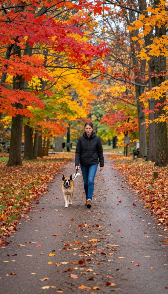 Person walking a dog slowly on a leaf-covered path in autumn, highlighting careful footing on wet leaves.