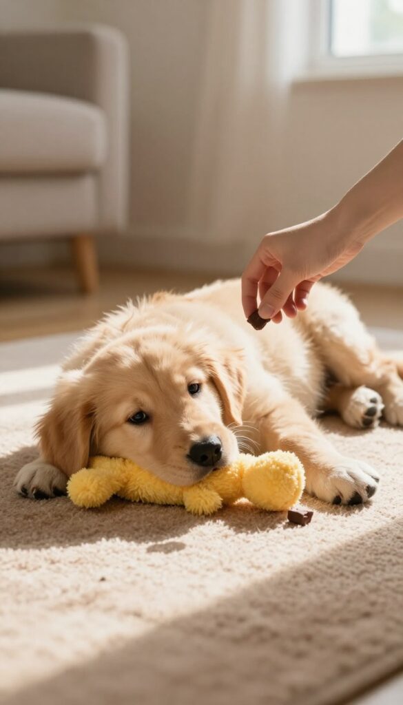 A calm golden retriever puppy lying down holding a toy, with a hand offering a treat in a bright, peaceful living room.