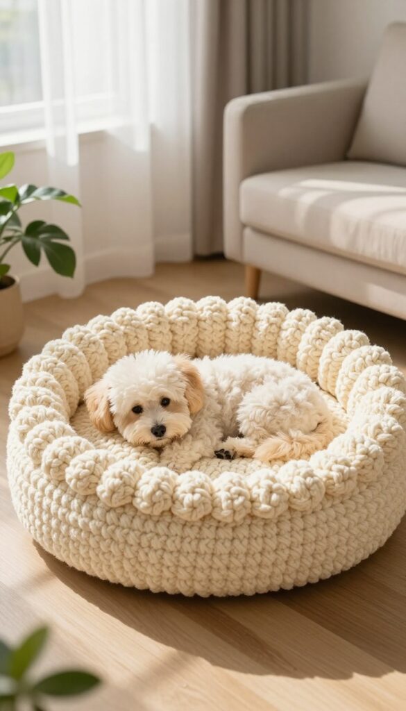 Classic round crochet dog bed with a curled-up dog in a sunlit living room