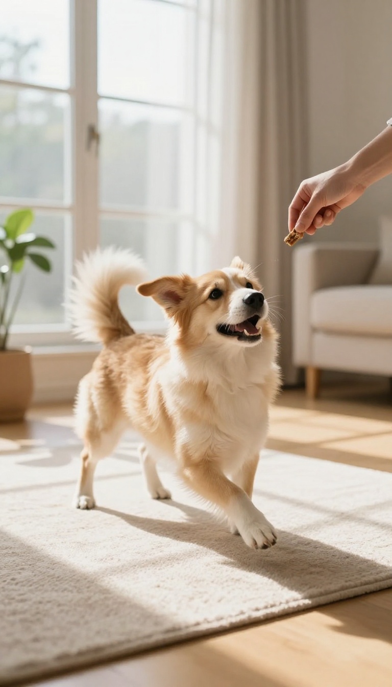 A dog spinning in a bright living room, demonstrating a fun trick that boosts coordination and confidence.