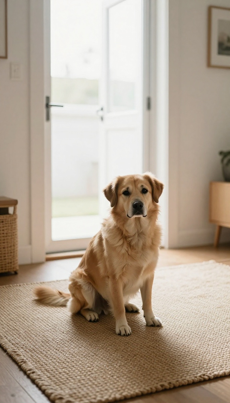 Calm dog sitting near front door in bright, peaceful living room