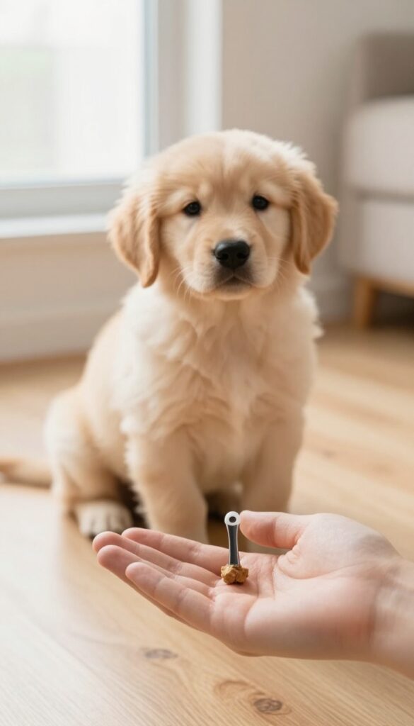 Hand holding a clicker near a sitting puppy with a treat, illustrating precise timing in dog training