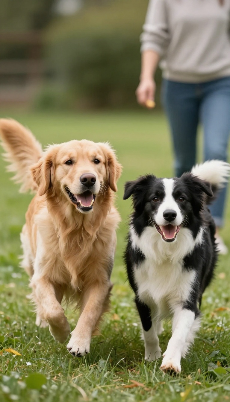 Two dogs playing in a sunny backyard while a person calls them from a distance