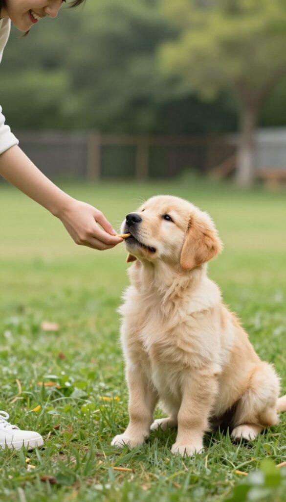A puppy calmly meeting a person in a sunny backyard, illustrating early socialization.