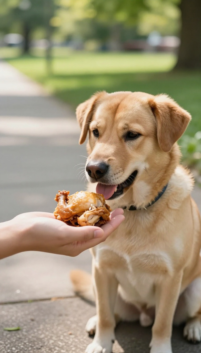 Person offering a high-value treat to a calm dog during a walk