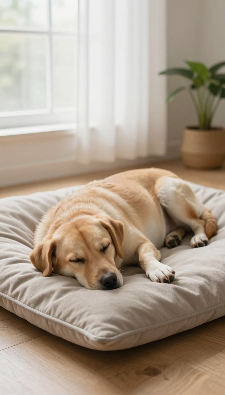 Calm dog relaxing on a mat in a bright living room corner