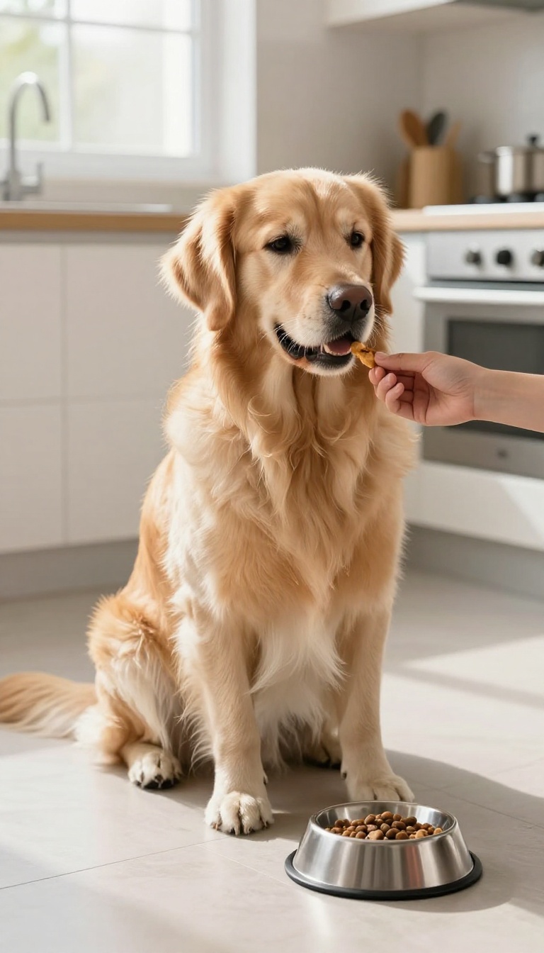 Large dog calmly sitting next to food bowl while a hand offers a treat, illustrating positive resource guarding training.