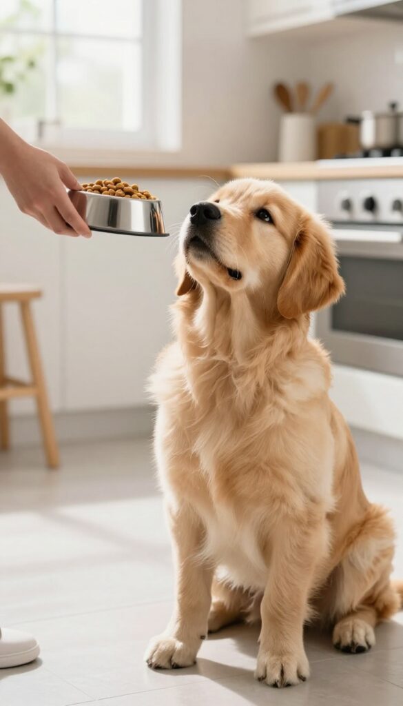 Golden retriever puppy waiting patiently for its food bowl held by a hand, in a sunlit kitchen