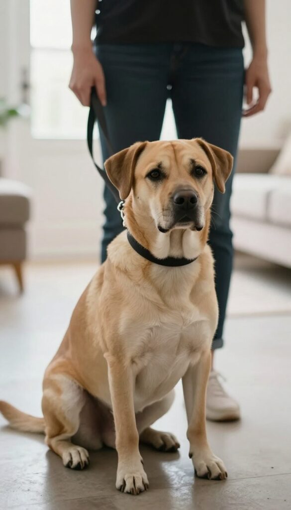 A dog sitting calmly on a loose leash held by a hand, with a bright living room and front door in the background