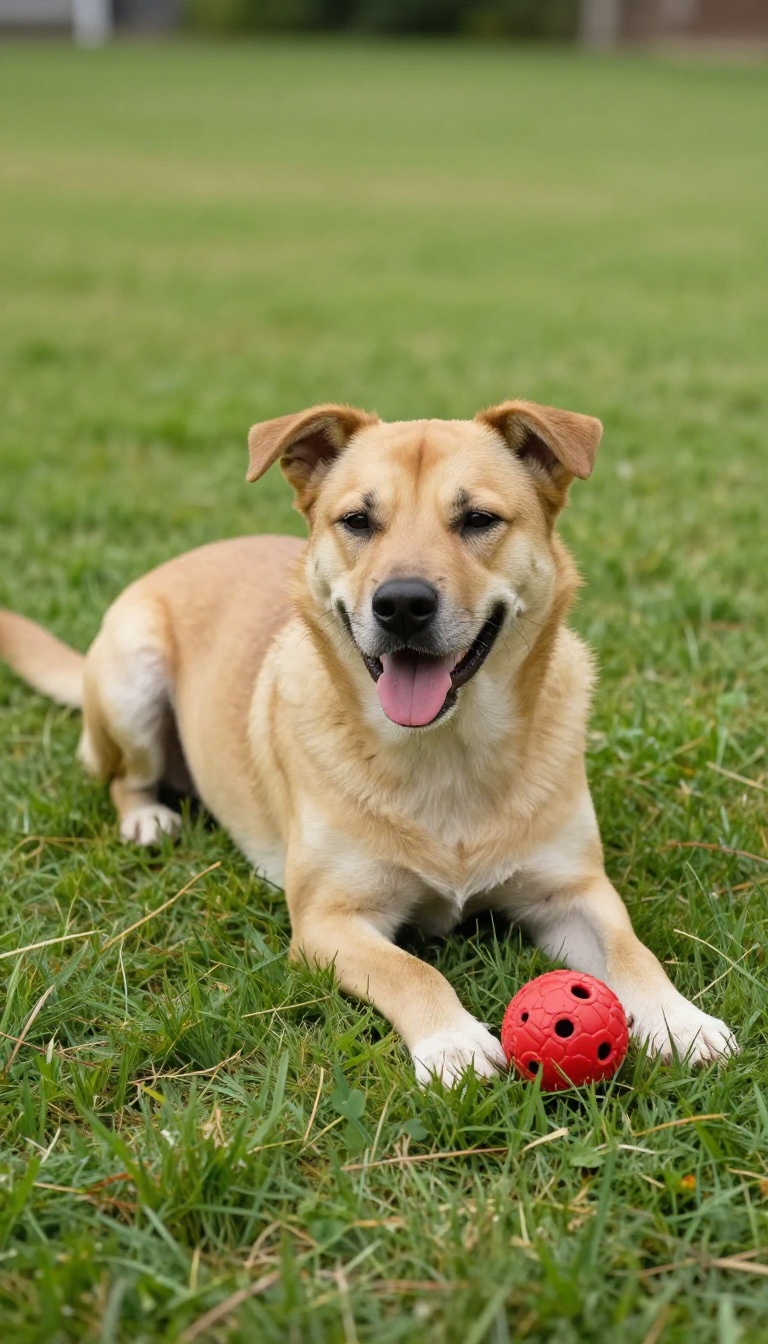 Happy dog resting on grass after exercise, with a red ball nearby, conveying calmness and satisfaction.