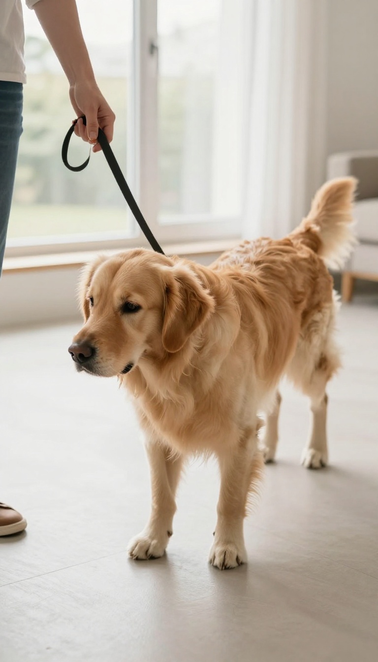 Person practicing loose-leash walking with a calm golden retriever in a bright living room