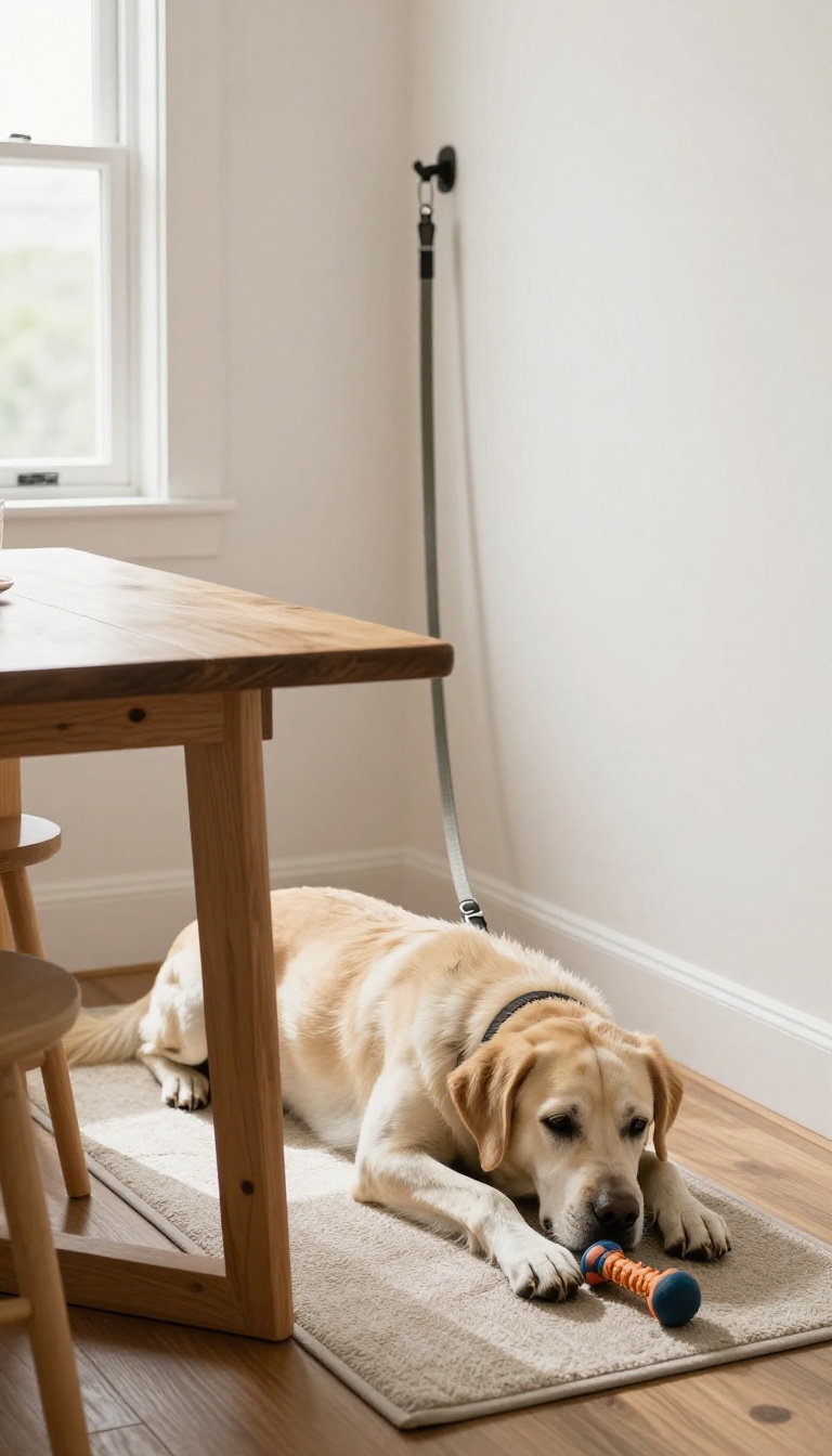 A dog lying calmly on a mat tethered by a leash away from a dining table, illustrating a training technique to prevent begging.